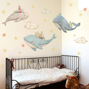 Cartoon whale animal stickers, stars, clouds, children's bedroom wall decoration stickers, self-adhesive wallpapers