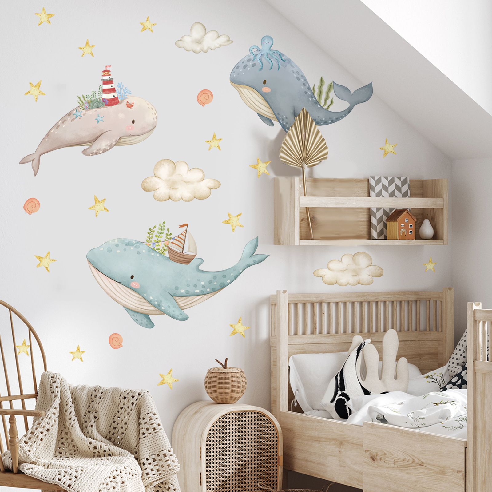 Cartoon whale animal stickers, stars, clouds, children's bedroom wall decoration stickers, self-adhesive wallpapers