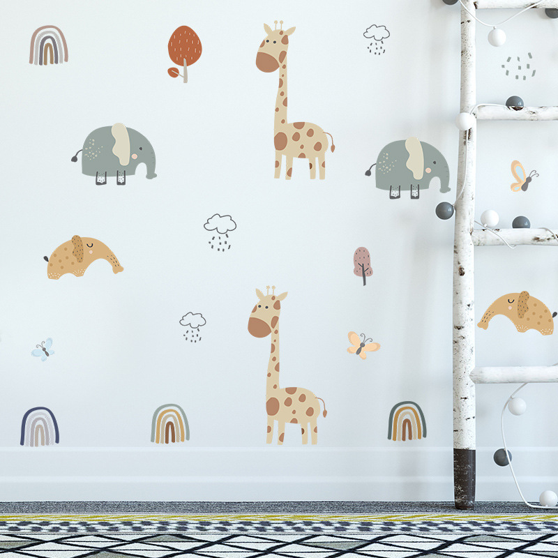 Rainbow animal stickers cartoon Longneck deer elephant children bedroom living room wall decoration self-adhesive wall stickers