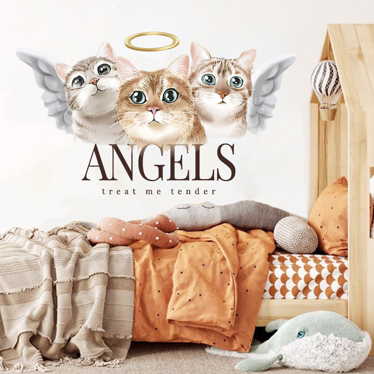 Cute cat angels Wall stickers Cartoon animals Children's bedroom decoration wallpaper self-adhesive stickers