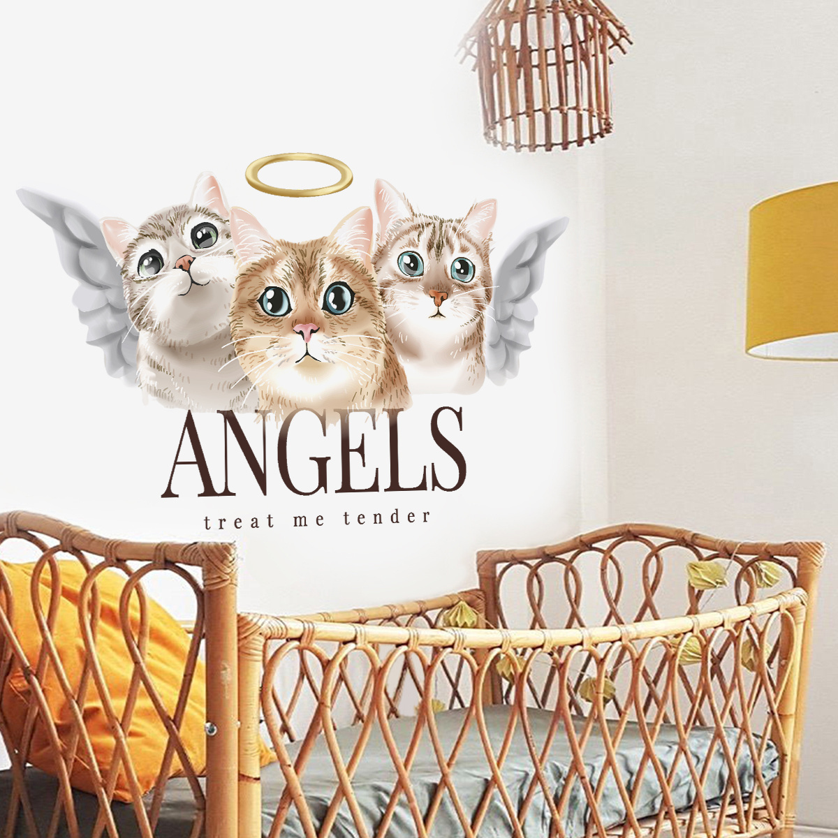 Cute cat angels Wall stickers Cartoon animals Children's bedroom decoration wallpaper self-adhesive stickers