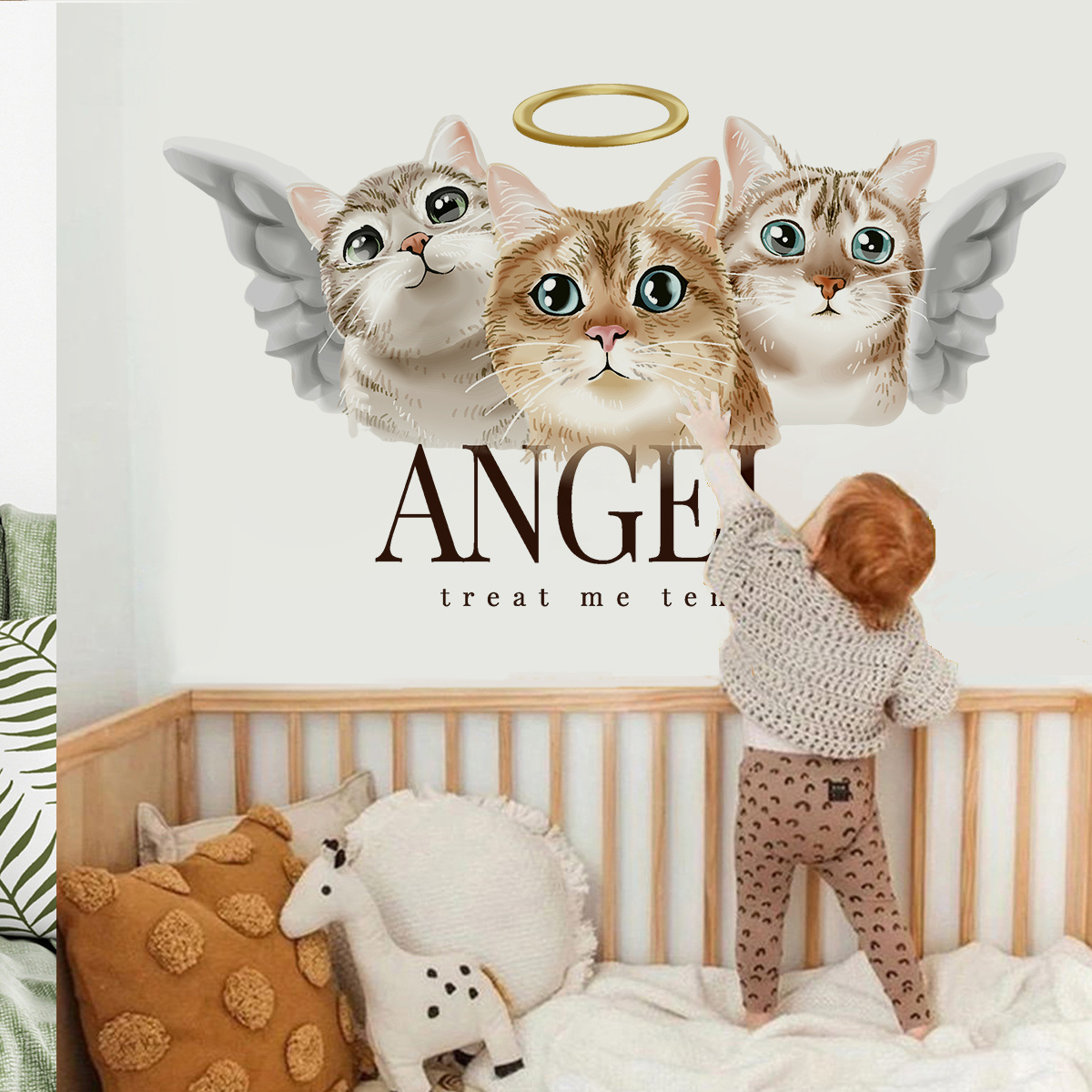 Cute cat angels Wall stickers Cartoon animals Children's bedroom decoration wallpaper self-adhesive stickers