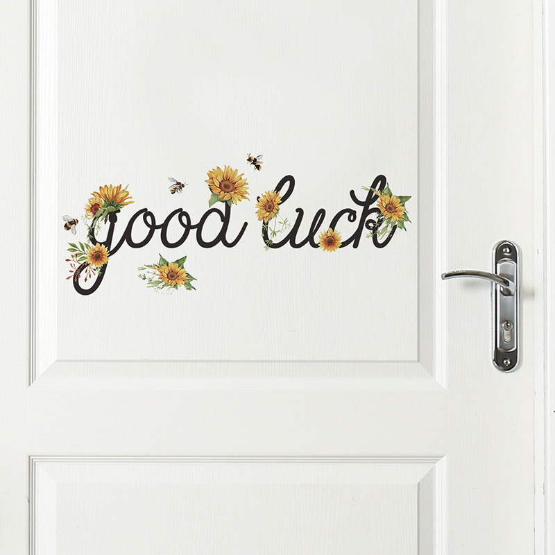 GOOD LUCK English letters Door stickers Sunflower floral wall stickers Mirror decoration self-adhesive stickers