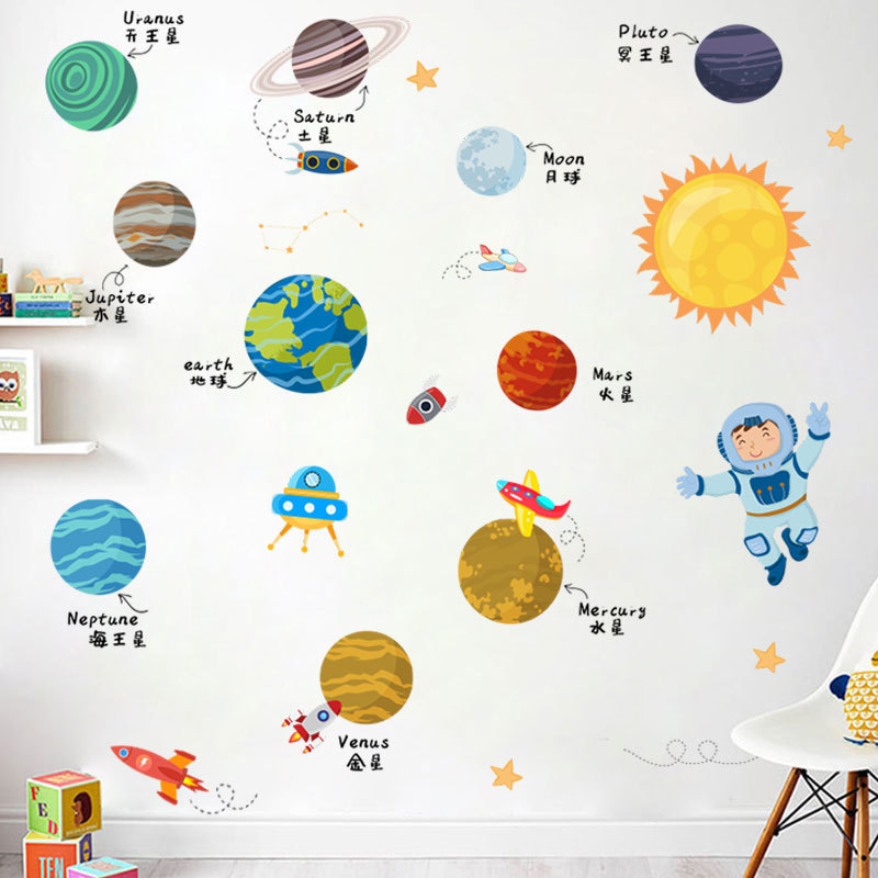 Cosmic galaxy cartoon stickers Wall stickers Earth Sun Planet children bedroom kindergarten PVC wallpaper