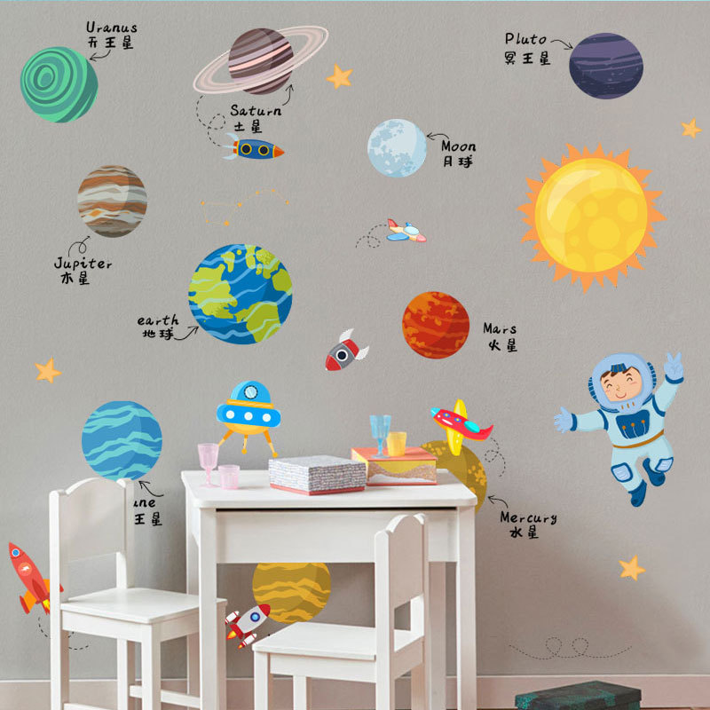 Cosmic galaxy cartoon stickers Wall stickers Earth Sun Planet children bedroom kindergarten PVC wallpaper