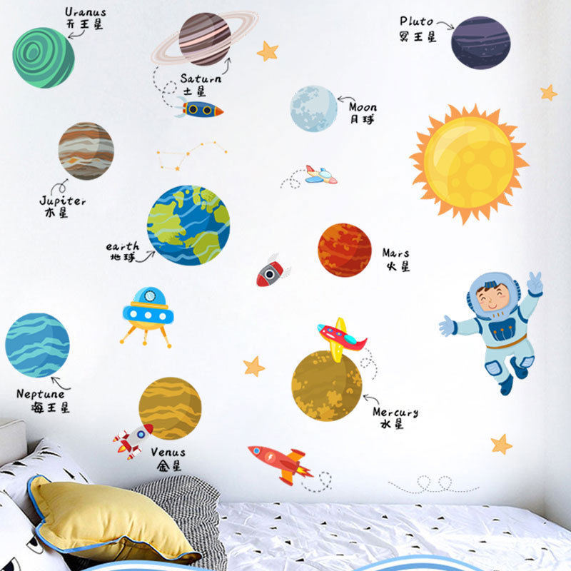 Cosmic galaxy cartoon stickers Wall stickers Earth Sun Planet children bedroom kindergarten PVC wallpaper