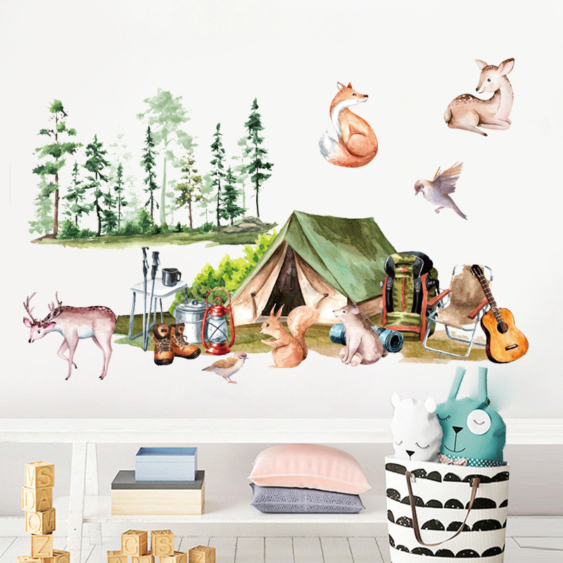 Forest Tent Fox Deer Bird Wall stickers Nature Children's bedroom Living room PVC self-adhesive decorative wallpaper