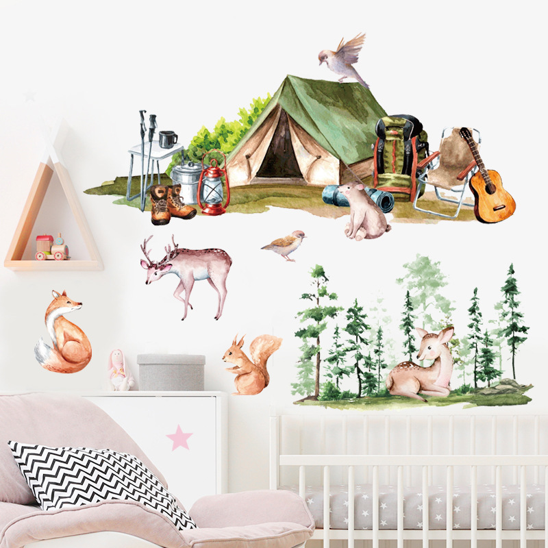 Forest Tent Fox Deer Bird Wall stickers Nature Children's bedroom Living room PVC self-adhesive decorative wallpaper