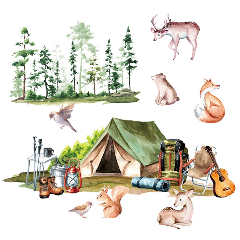 Forest Tent Fox Deer Bird Wall stickers Nature Children's bedroom Living room PVC self-adhesive decorative wallpaper