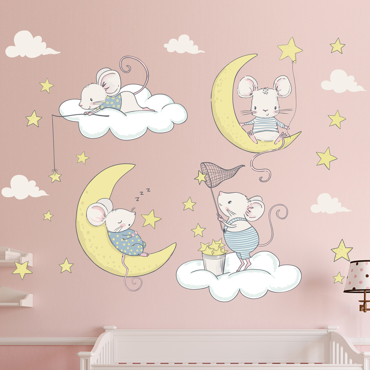 Cartoon mouse paradise moon bright stars wall stickers children's room living room decoration wallpaper self-adhesive stickers