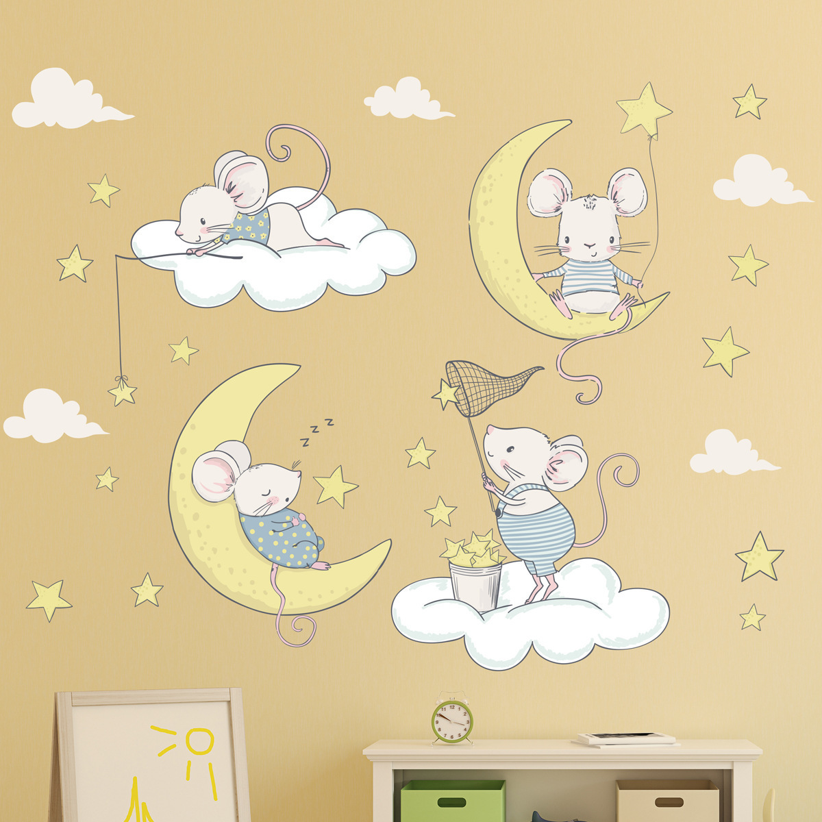 Cartoon mouse paradise moon bright stars wall stickers children's room living room decoration wallpaper self-adhesive stickers