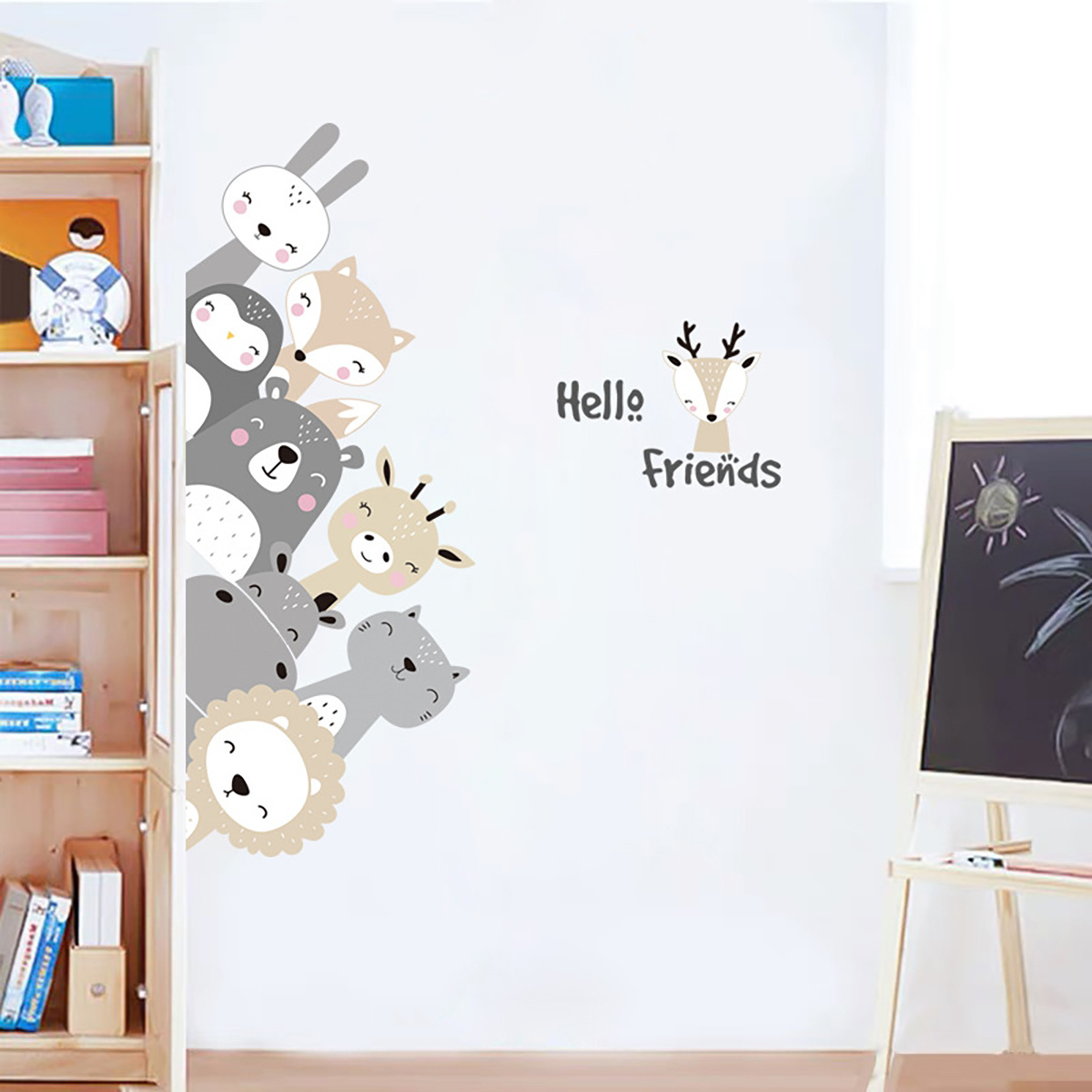 HI FRIENDS Smiley face animal cartoon wall stickers Children's bedroom living room decorative wallpaper self-adhesive stickers