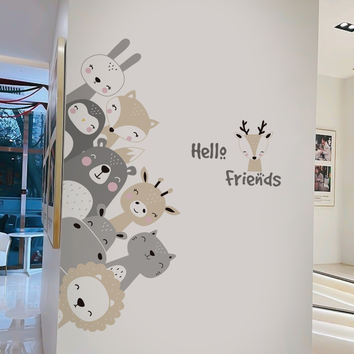 HI FRIENDS Smiley face animal cartoon wall stickers Children's bedroom living room decorative wallpaper self-adhesive stickers