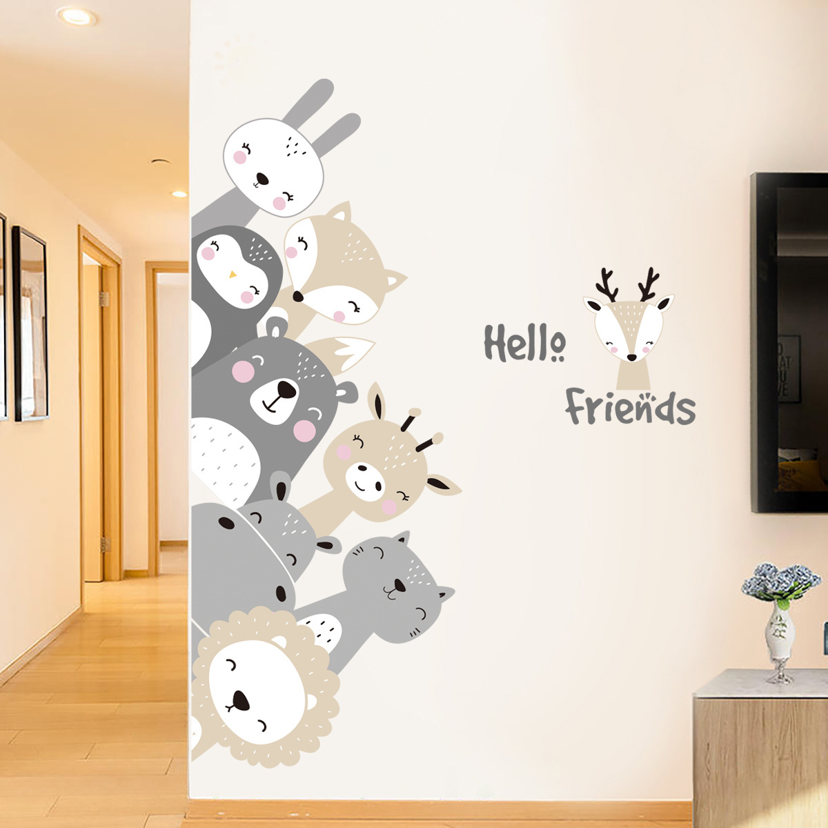 HI FRIENDS Smiley face animal cartoon wall stickers Children's bedroom living room decorative wallpaper self-adhesive stickers