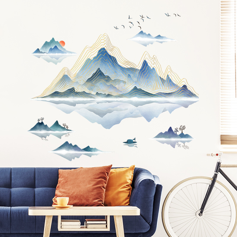 Chinoiserie elegant mountain and water painting Wall Sticker Chinoiserie ink painting Decals  Living Room Decorative Wallpaper