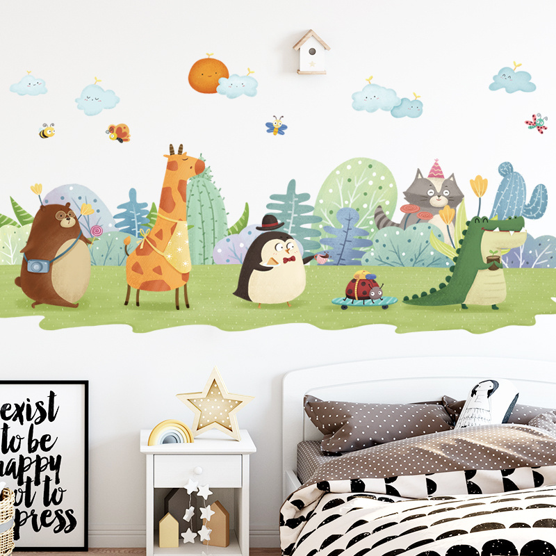 Cartoon Animal Wallpaper Dinosaur Giraffe Penguin PVC Removable Wall Sticker For Kindergarten Children's Room Decor Wall Decal