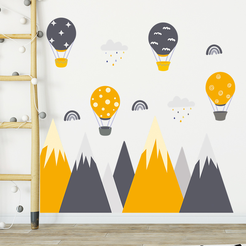 Cartoon Personality Peak Wall Sticker Personalized mountain Hot air balloon Decals Living Room Decorative Wallpaper