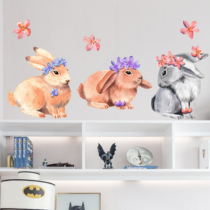 Rabbits With Pink Blue Purple Wreath Wall Stickers Brown And Gray Bunny Colorful Flowers Wallpaper For Baby's Room Decoration