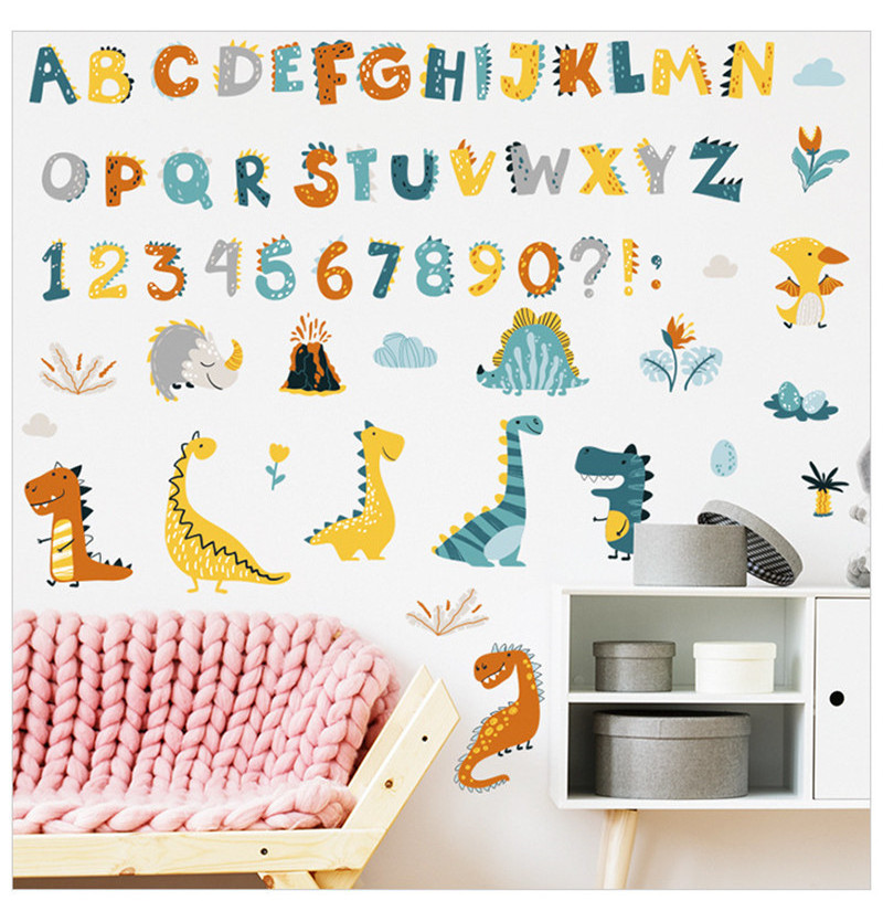 Cute Alphabet Numbers Stickers Cartoon Dinosaurs Cats Wallpaper For Bedroom Self Adhesive TV Background Decorative Wall Decals