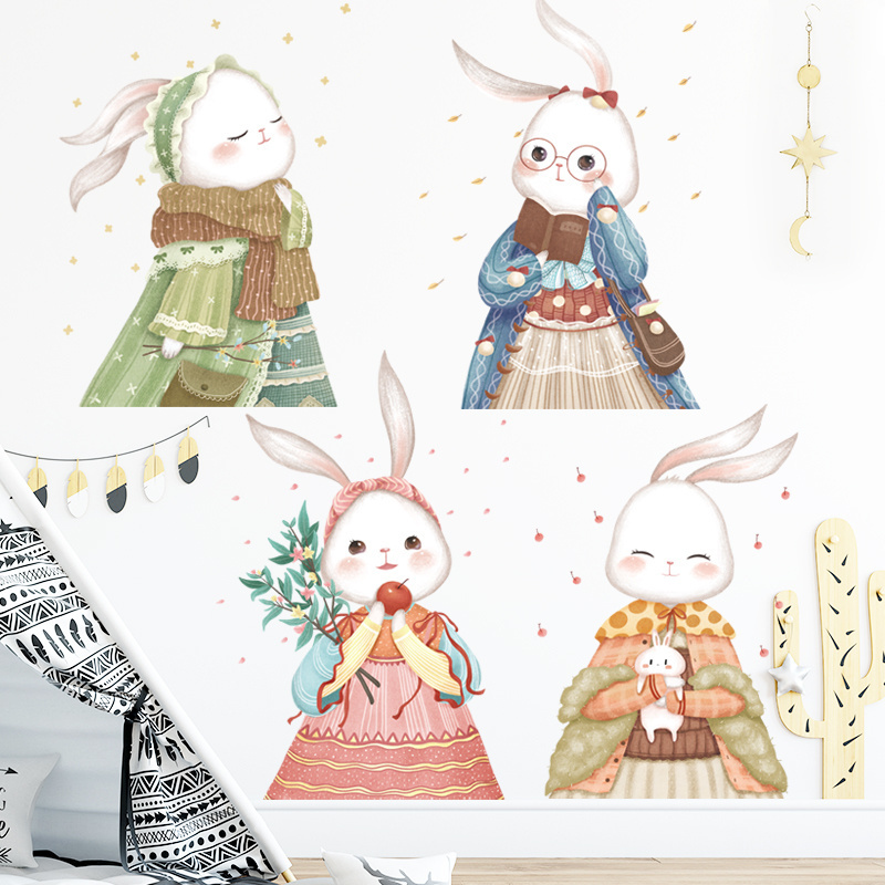 Four Cute Rabbits Wall Sticker Cartoon Bunnies Wallpaper For Kids Room Kindergarten Wall Mural Home Decoration