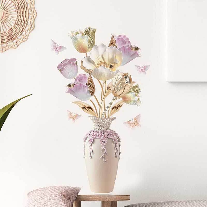 Simulated three-dimensional relief vase Wall Sticker 3D relief vase flowers Decals  Living Room Decorative Wallpaper