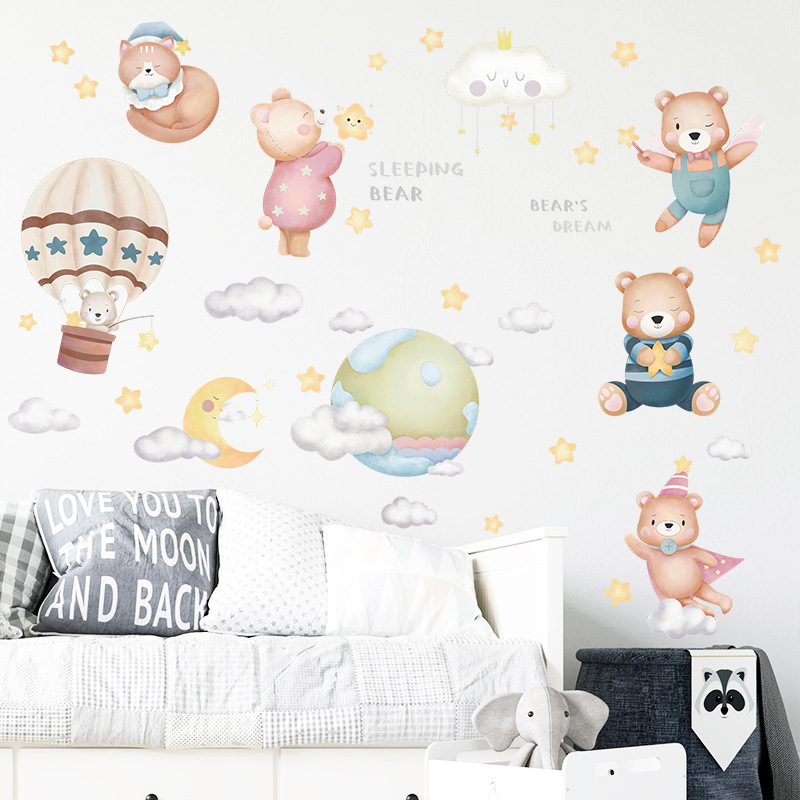 Cartoon Bear Wall Sticker Mushroom Hot air balloon star cloud Decals  Living Room Decorative Wallpaper