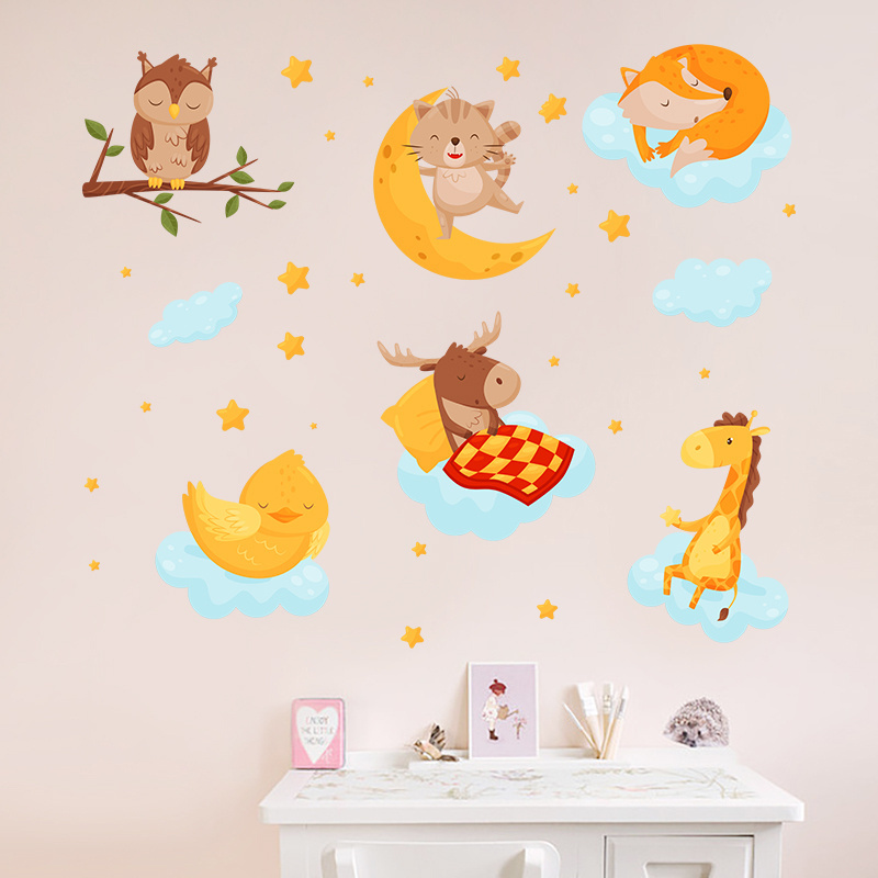 Cartoon Animals Wall Sticker Creative Owl Cat Fox Wallpaper Elk Giraffe Bedroom Decals Living Room Decorative Wallpaper