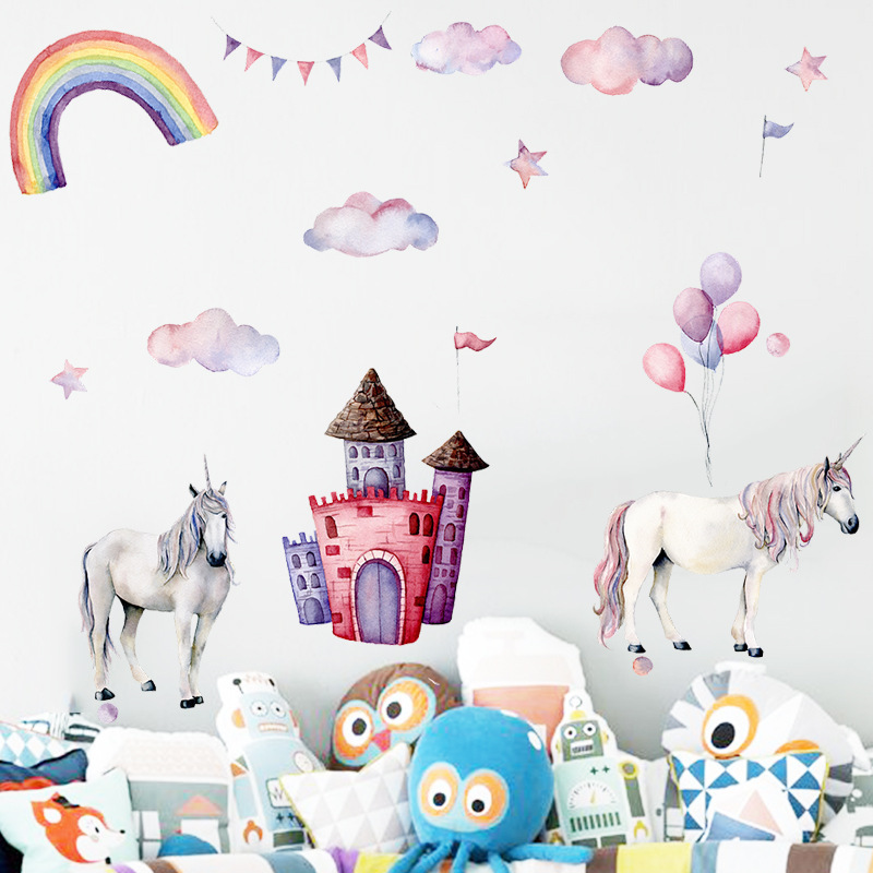 Two White Horse Unicorn Wall Sticker Pink Balloons Stars Rainbow Castle Wall Decal For Girl's Living Room Bedroom Wallpaper