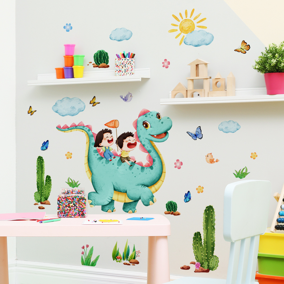 Dinosaur Cactus Clouds Wall Sticker Self-adhesive And Removable Wallpaper For Kids Room