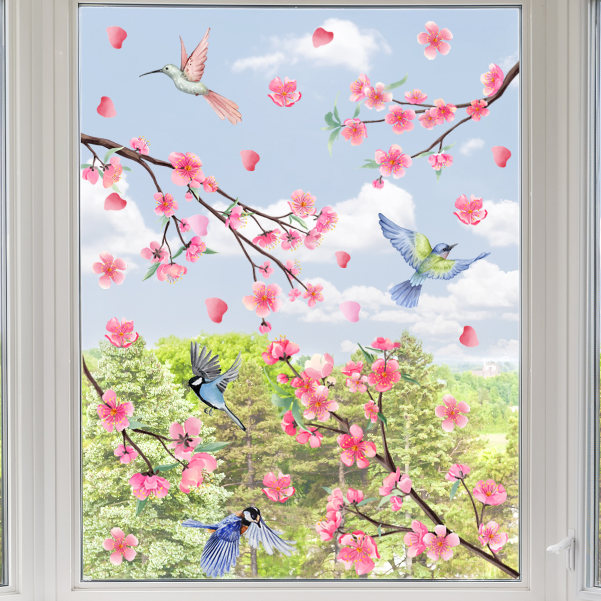 New Design Pink Flowers Wall Sticker Blue Birds Murals Self Adhesive Bedroom Decals Living Room Wallpaper Decorative Home Decor