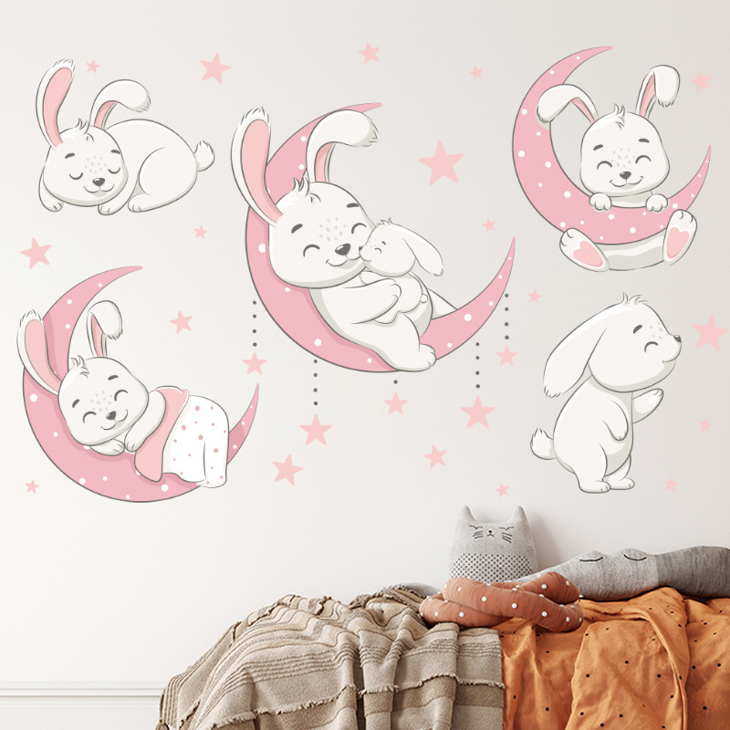 2023 News Sleeping Rabbits On Moon Stickers Cartoon Kid's Bedroom Wallpaper Creative Children's Living Room Decorative Decals