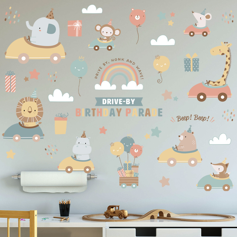 Cartoon Animals Cars Sticker Fox Lion Party Wallpaper For Bedroom Self Adhesive Living Room Decorative Mural TV Background Decal