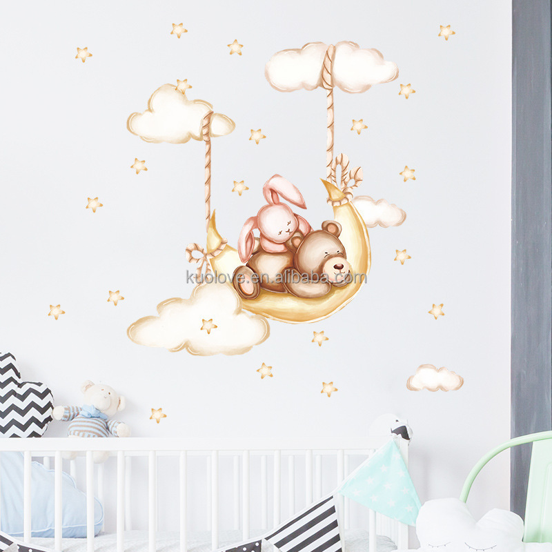 Sleeping Bear Rabbit Wall Sticker Self Adhesive Clouds Stars Bedroom Decals Creative Kid's Living Room Decorative Wallpaper