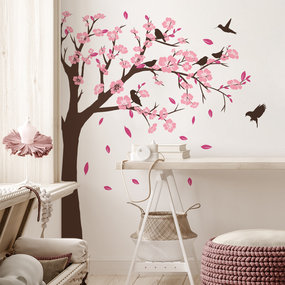 Peach Blossom Tree Swallow Wall Sticker Falling Peach Blossoms Decals Living Room Decorative Wallpaper