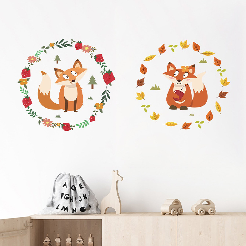 Cartoon little fox garland PVC wallpaper children's bedroom living room home decoration wall stickers self-adhesive stickers