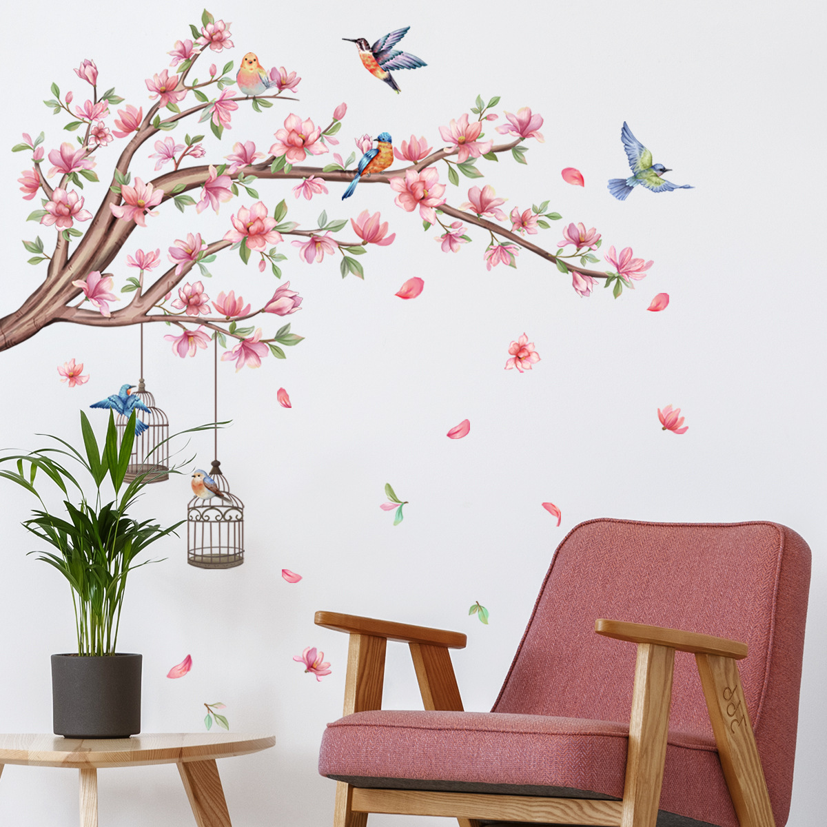 Peach Blossom Branch Bird Cage Wall Sticker Peach Blossoms Falling from Birds Decals Living Room Decorative Wallpaper