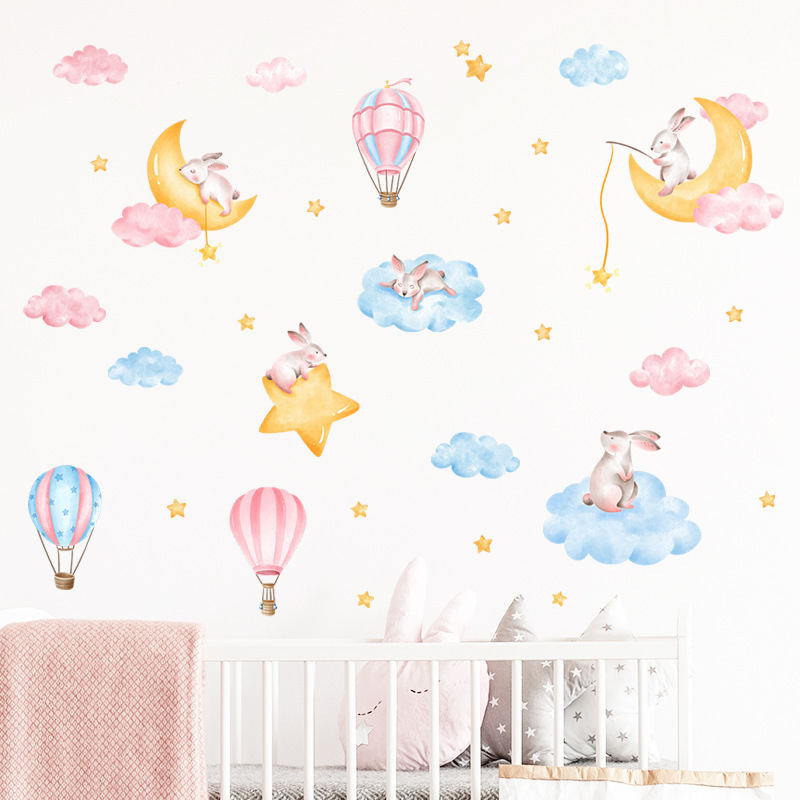 Cartoon Rabbit Family Wall Sticker Cartoon Rabbit Star Moon Decals Living Room Decorative Wallpaper