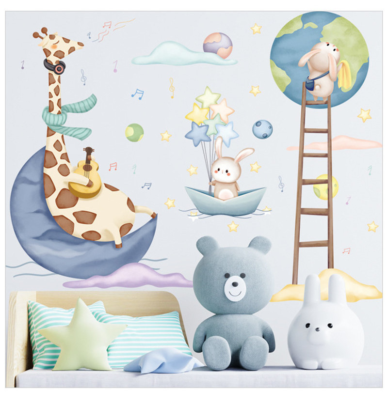 Cartoon Animal Cute Stickers Earth Moon Giraffe Bunny Wall Decal Children's Room Decorative Self-adhesive Wallpaper