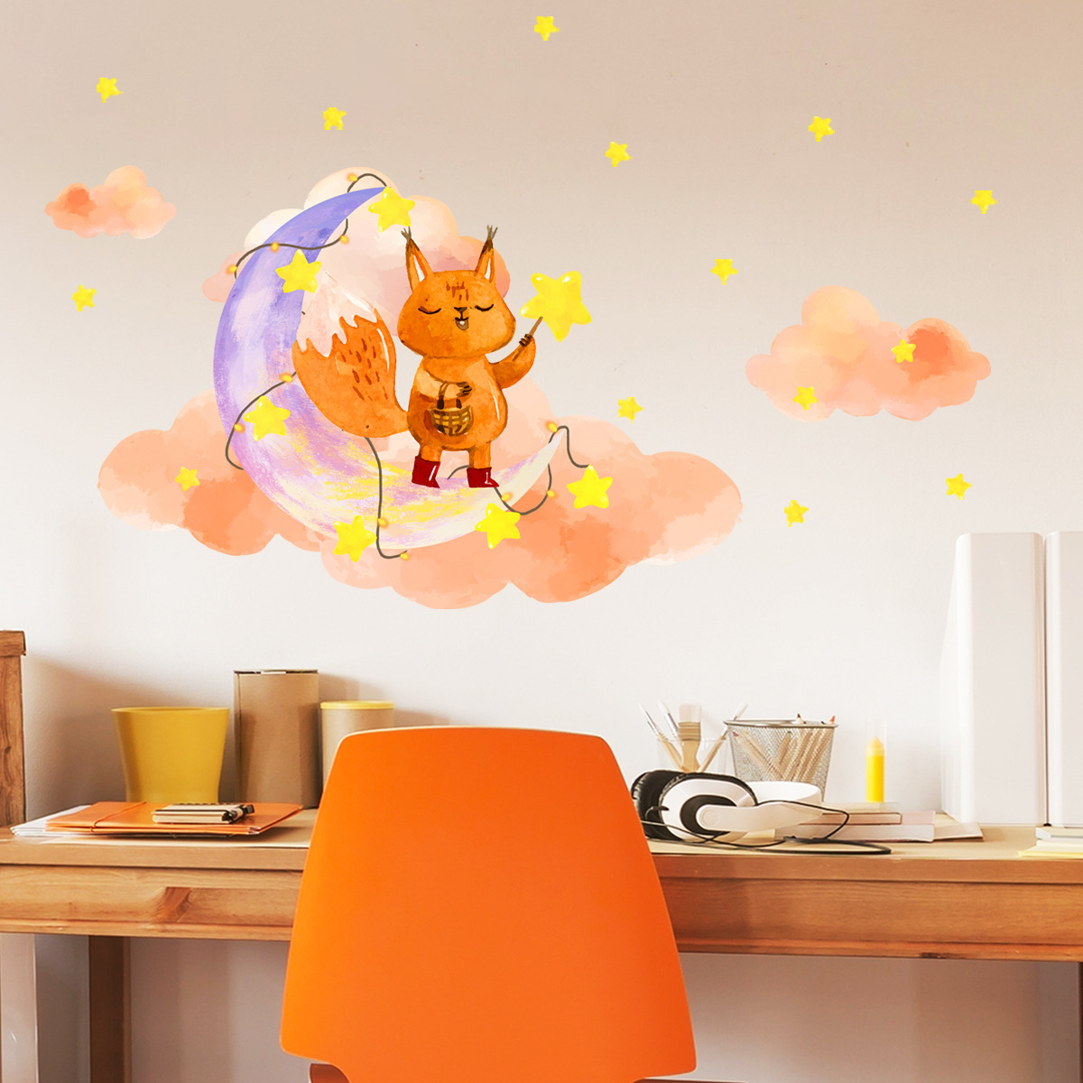 Little Fox On The Moon Stars Wall Sticker Self-adhesive And Removable Wallpaper Living Room Decals