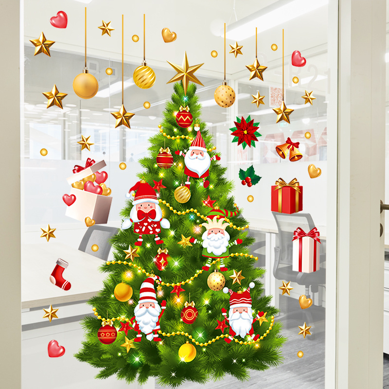 Christmas Wall Stickers Xmas Tree Handing Gifts Box Wallpaper Festival Window Decal Self Adhesive Living Room Decorative Murals