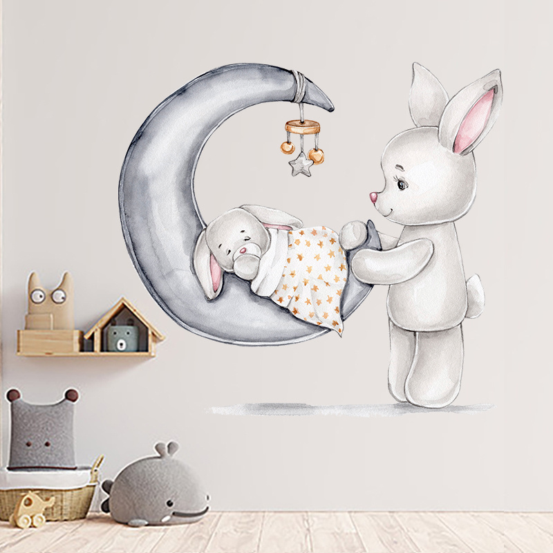 Sleeping Rabbit Baby Wall Stickers Living Room Cartoon Decals Creative Kid's Bedroom Wallpaper Children's Decorative Murals