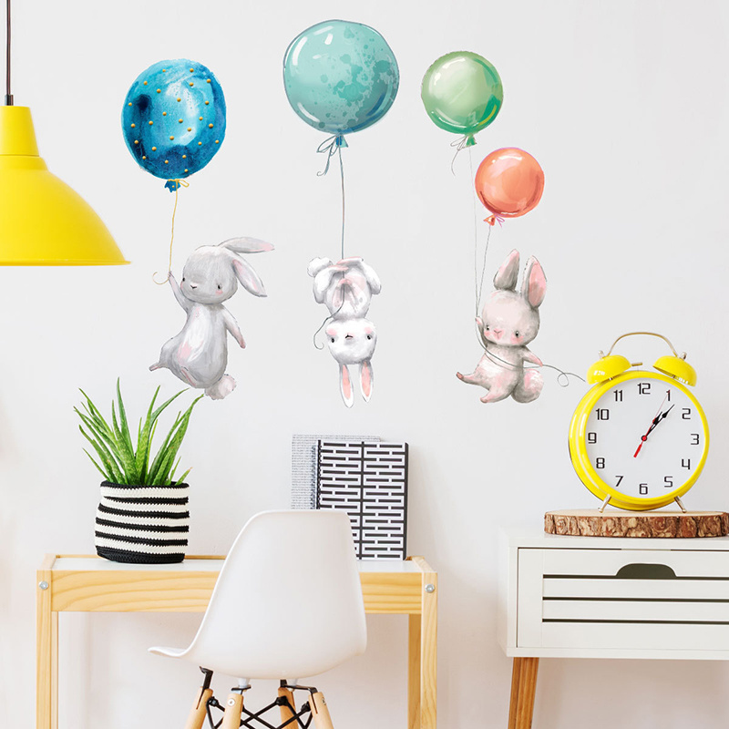 Cute Bunny Colorful Balloons Stickers For Room Wall New Design Kid's Bedroom Wall Decals Removable Living Room Wallpaper