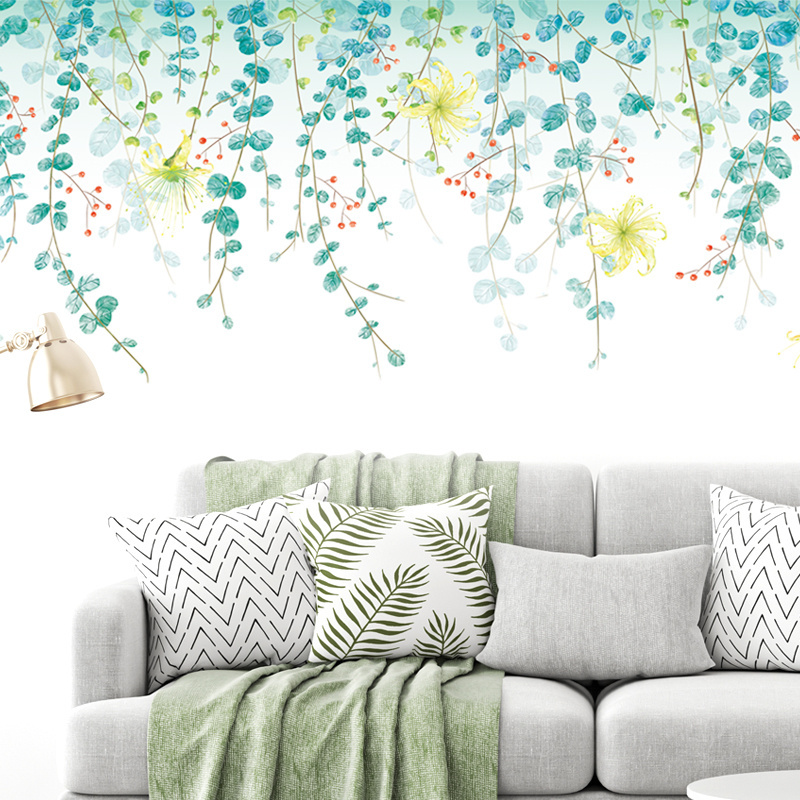 Blue Plant Leaves Yellow Flower Wallpaper Plants Home Decoration Wall Sticker For Living Room Bedroom TV Background Wall Decal