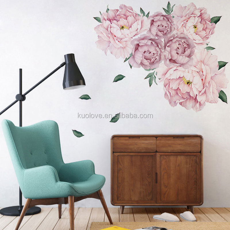 High Quality 3D Dreamlike Pink Peony Flower Wall Stickers Leaves Falling Wallpapers Living Room Home Decoration Wall Decal