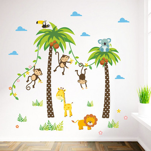 Green Coconut Tree Wallpaper Cartoon Monkey Lion Giraffe Stickers Tropical Plant Wall Decal For Kid's Bedroom