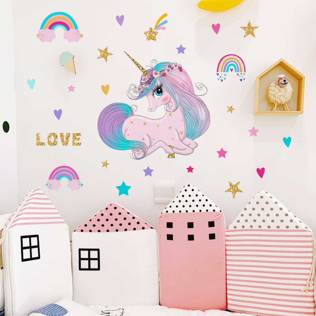 Cartoon Unicorn Wall Sticker Rainbow Stars Decals Living Room Decorative Wallpaper