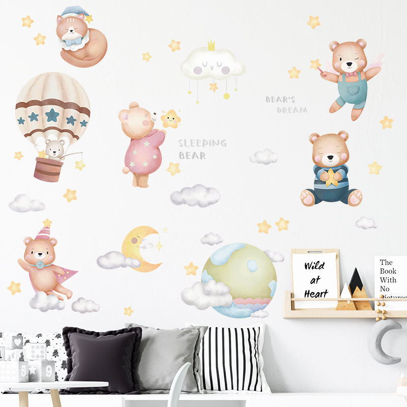 Cartoon Bear Wall Sticker Mushroom Hot air balloon star cloud Decals  Living Room Decorative Wallpaper