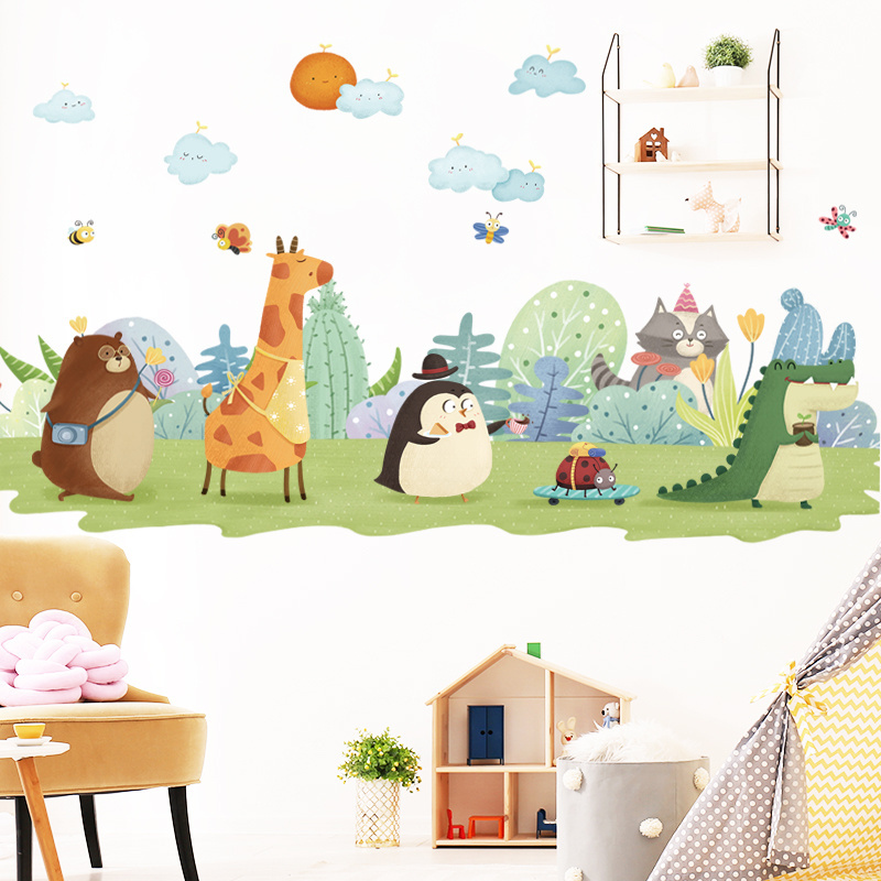 Cartoon Animal Wallpaper Dinosaur Giraffe Penguin PVC Removable Wall Sticker For Kindergarten Children's Room Decor Wall Decal