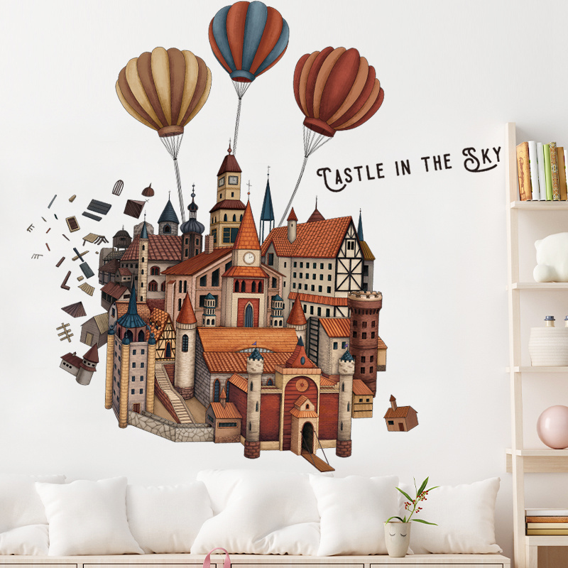 Cartoon Castle Hot Air Balloon Wallpaper Cute Home Decoration Wall Mural For Kid Living Room Bedroom Sofa Background Wall Decal