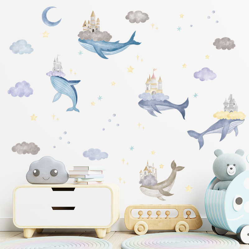 Cartoon Whale Wall Sticker Dream Castle Clouds Decals Living Room Decorative Wallpaper